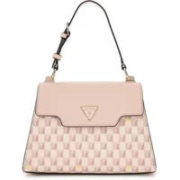 Pink and beige Guess G Wave handbag with handle, flap closure, and geometric pattern.