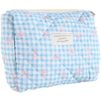 Blue and white checkered women's make-up bag with pink floral accents and a zipper closure.