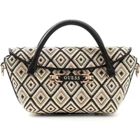 Women's mini handbag Guess Sophia, black handle, geometric diamond pattern in beige, black, and white.