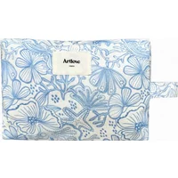 Blue and white floral-patterned women's pencil case by Artlove Myrella with side handle and Artlove label.