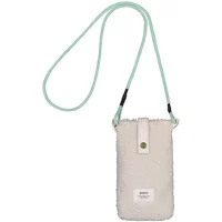 Cream Barts Bugbane phone pouch with mint strap, fuzzy texture, and snap closure.