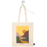 Beige tote bag with colorful abstract landscape print and long handles.