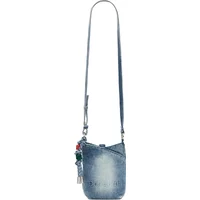 Blue denim shoulder bag with long adjustable strap, colorful tassel charm, and faded front design.