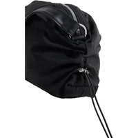 Black women's shoulder bag with drawstring closure and silver zipper detail.