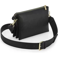 Black women's shoulder bag with gold zippers, adjustable strap, and three compartments.