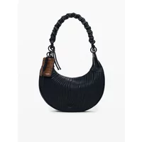 Black crescent-shaped shoulder bag with ruched handle and brown tag, by Desigual Helium Calgary.