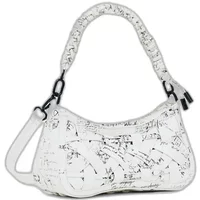 White Desigual Indio Alsacia shoulder bag with black script pattern and braided handle.
