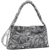 Gray Desigual shoulder bag with floral pattern, ruched handle, and rectangular shape.