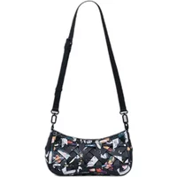 Black Desigual shoulder bag with colorful abstract pattern and adjustable strap.