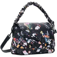 Desigual Osmio Phuket Mini Soft shoulder bag, black with colorful floral print and braided handle.