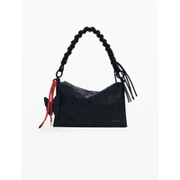 Black Desigual shoulder bag with braided handle, red tassel, and embossed floral pattern.