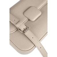 Beige leather shoulder bag with rectangular flap, buckle strap, and textured finish by Greenpoint.