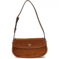 Brown Guess Danya shoulder bag with adjustable strap and triangular logo on flap.