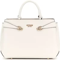 White Guess Lorelei Girlfriend shoulder bag with gold logo, dual handles, and buckle accents.