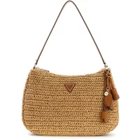 Beige woven Guess Ofelia Hobo shoulder bag with brown leather strap and tassel accents.