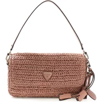 Tan woven Guess Ofelia shoulder bag with flap closure, triangle logo, and leather strap and tassel accents.