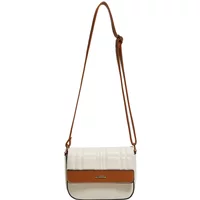 White and tan Moodo women's shoulder bag with adjustable brown strap and front flap closure.