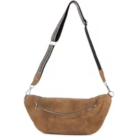 Brown suede women's shoulder bag with adjustable black strap and front zipper pocket.