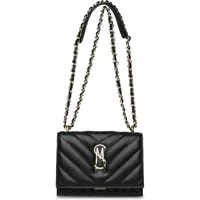 Black quilted Steve Madden Bamara shoulder bag with chain strap and silver logo clasp.