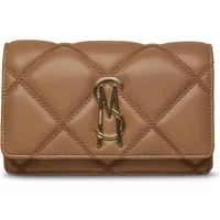 Tan quilted Steve Madden Bendue shoulder bag with gold logo clasp and flap closure.