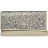 Steve Madden Bglimers shoulder bag, beige with sparkling rhinestone flap, rectangular shape, elegant design.
