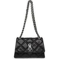 Black quilted Steve Madden shoulder bag with chain strap and silver logo clasp.