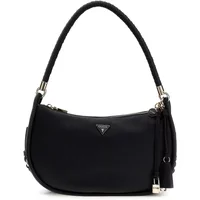 Black Guess Danya Hobo shoulder bag with zipper, curved shape, braided handle, and silver accents.