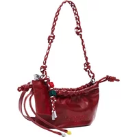 Red Desigual shoulder bag with braided strap, tassel accents, and colorful beads.