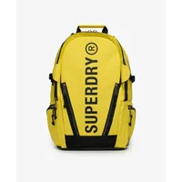 Yellow Superdry women's tarp backpack with bold black logo, multiple zippered pockets, and adjustable straps.