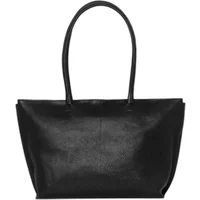 Black leather women's tote bag with long handles and a spacious rectangular design.