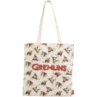 Cream tote bag with Gremlins print and red logo, featuring long handles and cartoon character pattern.