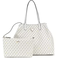 White Guess G Wave women's tote bag with black trim and matching pouch, featuring a subtle wave pattern.
