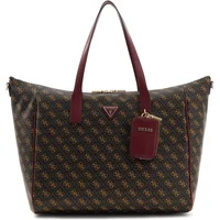 Brown Guess Latona Carryon tote bag with red handles, logo pattern, and attached red keychain.