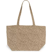 Beige women's tote bag with leopard print pattern and long handles.