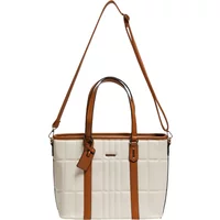 White Moodo women's tote bag with brown handles and adjustable strap, featuring a quilted pattern and small logo tag.