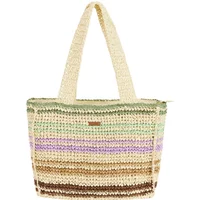 Beige woven tote bag with multicolored horizontal stripes and dual handles.