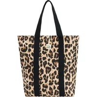 Leopard print women's tote bag with black handles and small logo patch.