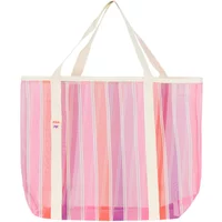 Women's tote bag with pink, orange, and purple vertical stripes, white handles, and small logo on the side.