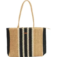 Women's tote bag by Protest, woven straw design with black and beige stripes, braided handles, and zip closure.