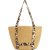 Beige women's tote bag with leopard print straps and a small black logo patch.