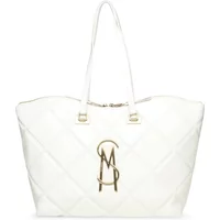 White quilted Steve Madden tote bag with gold SM logo and dual handles.