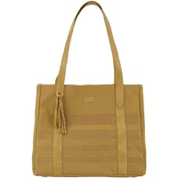 Tan Women's tote bag TBS Jazover with long handles and tassel detail.
