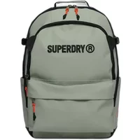 Gray Superdry women's utility tarp backpack with black logo, orange zipper pulls, and side pockets.