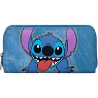 Blue women's wallet with Disney Stitch graphic, wide grin, and pink ears by Karactermania.
