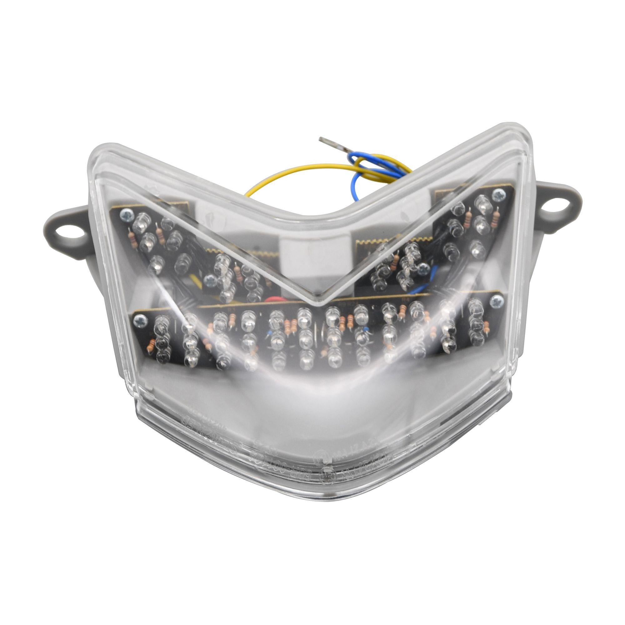 LED rear tail light with a clear lens, featuring integral indicators, designed for Kawasaki ZX-6R Ninja 2005-06, showcasing a sleek, modern shape and multiple bright LEDs.