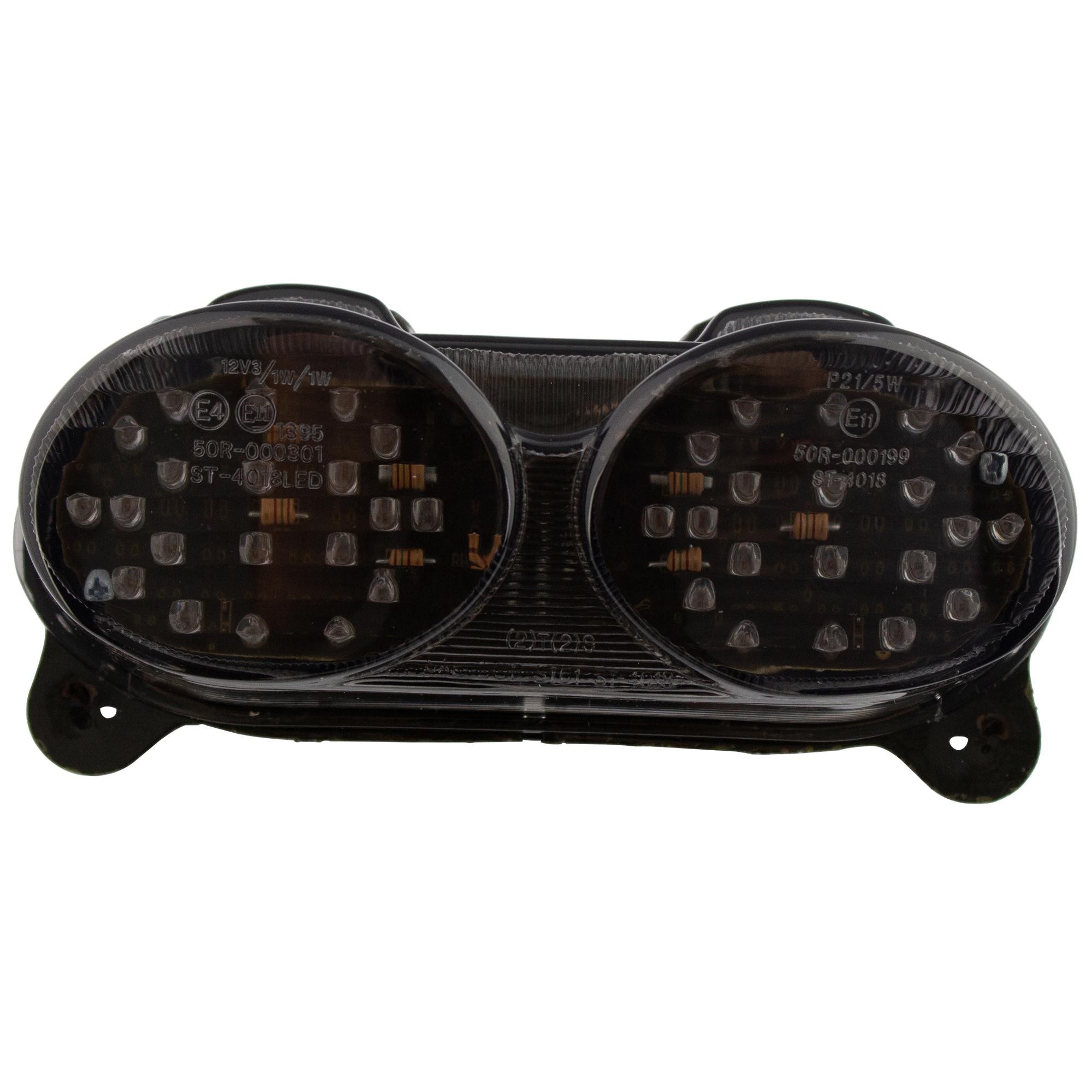 LED rear tail light featuring a cool grey lens, integral indicators, and a sleek design, compatible with Kawasaki ZX6R Ninja models from 2002-03.