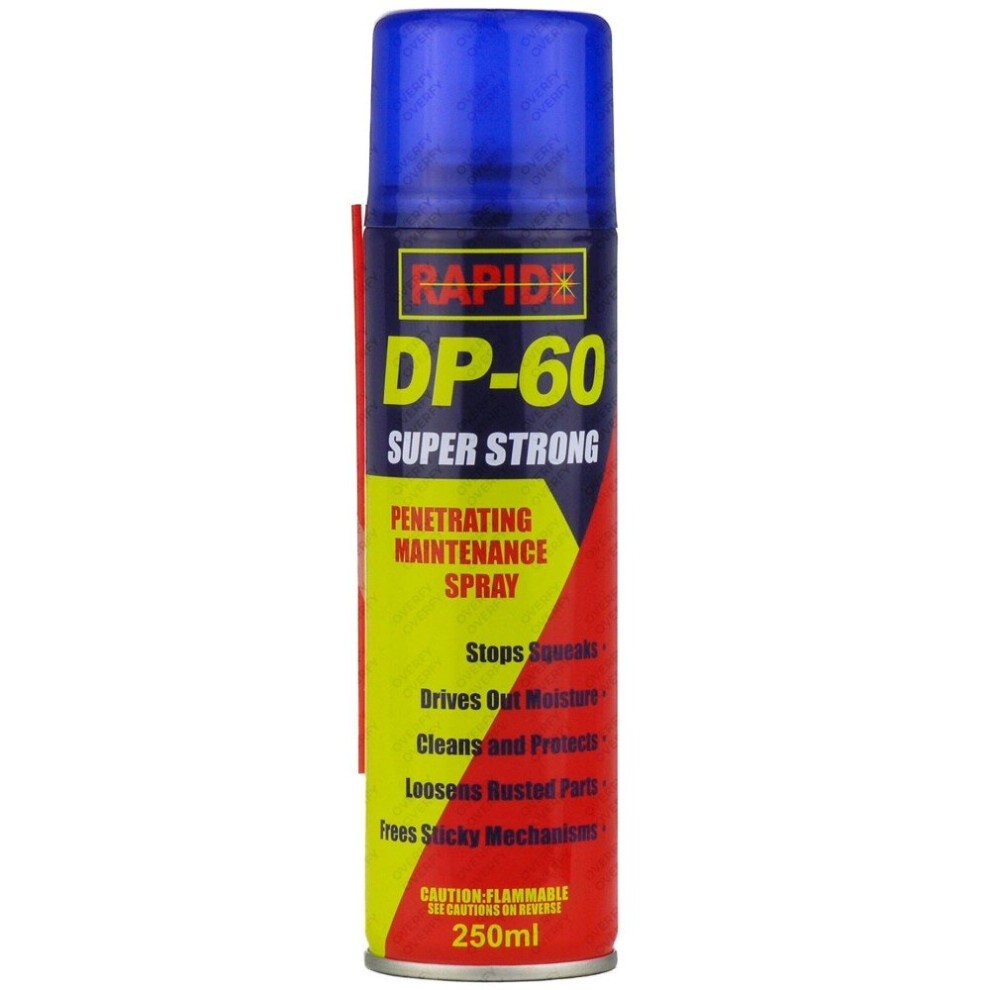 Blue and red aerosol can of DP-60 Penetrating Maintenance Spray Lubricant, 250ml, featuring bold text and key benefits like moisture removal and rust loosening.
