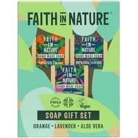 Faith in Nature Soap Gift Set with colorful packaging, featuring Orange, Lavender, and Aloe Vera 100g bars.