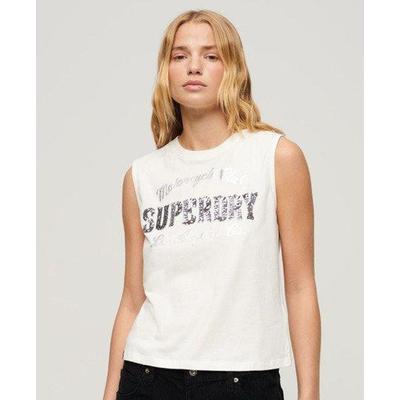 White fitted tank top featuring a bold "Superdry" logo in metallic print, made from soft cotton material with a sleeveless design.