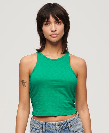 Green gathered women's tank top by Superdry, featuring a fitted design and soft, lightweight material, styled with a round neckline and sleeveless cut.